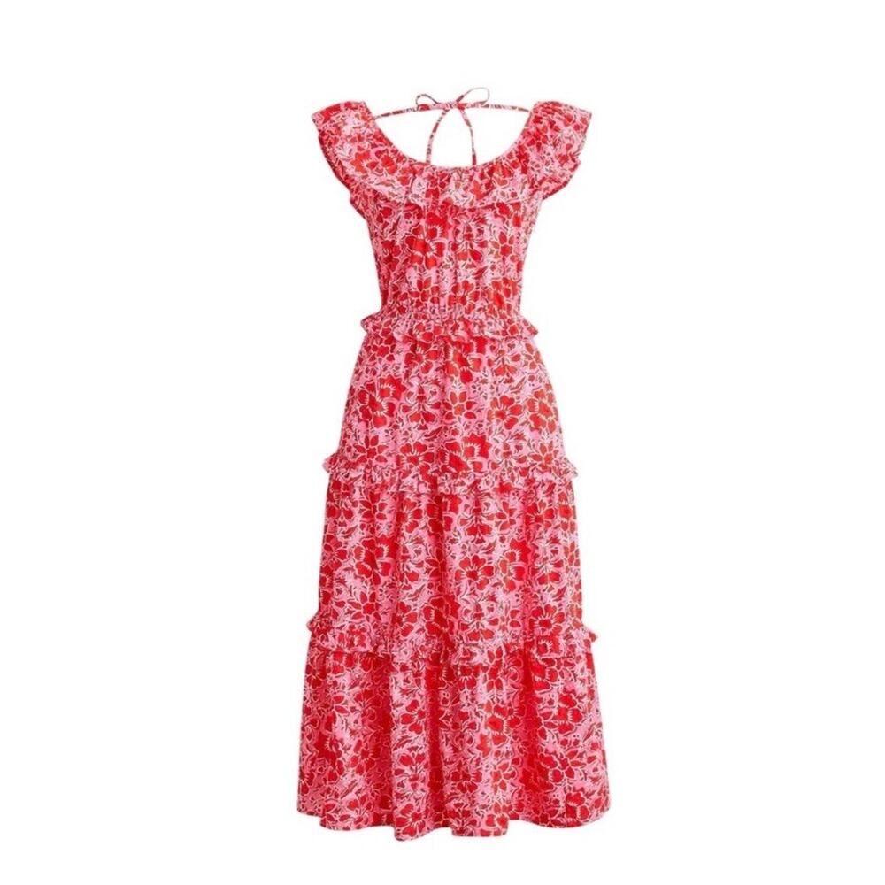 J.CREW Midi Dress Azalea Belvedere Red Floral Sz 00 Ruffle Tiered Cotton (V5